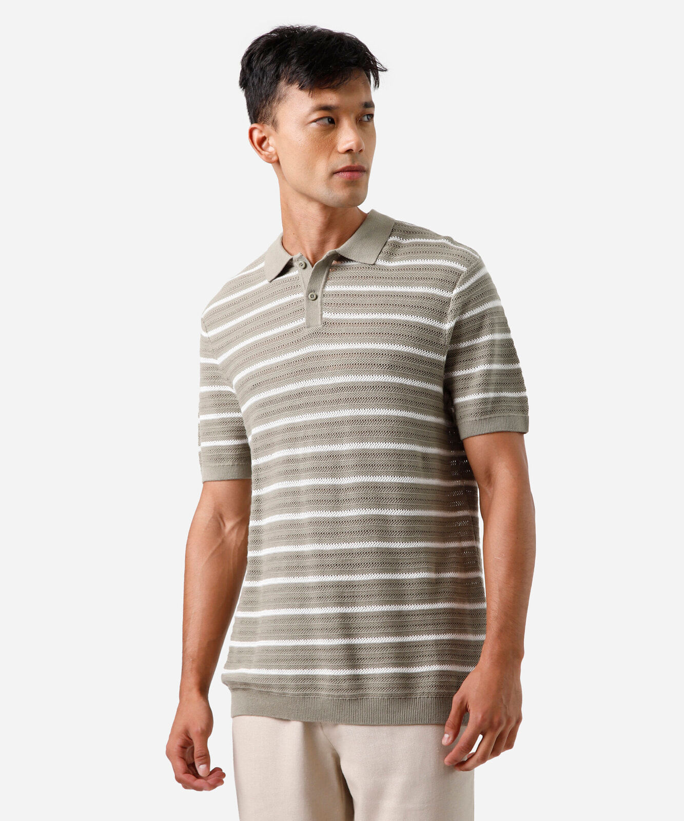 polo masculina de tricot manga curta listrada verde