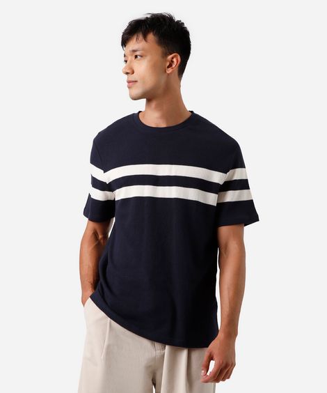 camiseta masculina de algodão manga curta listrada texturizada azul