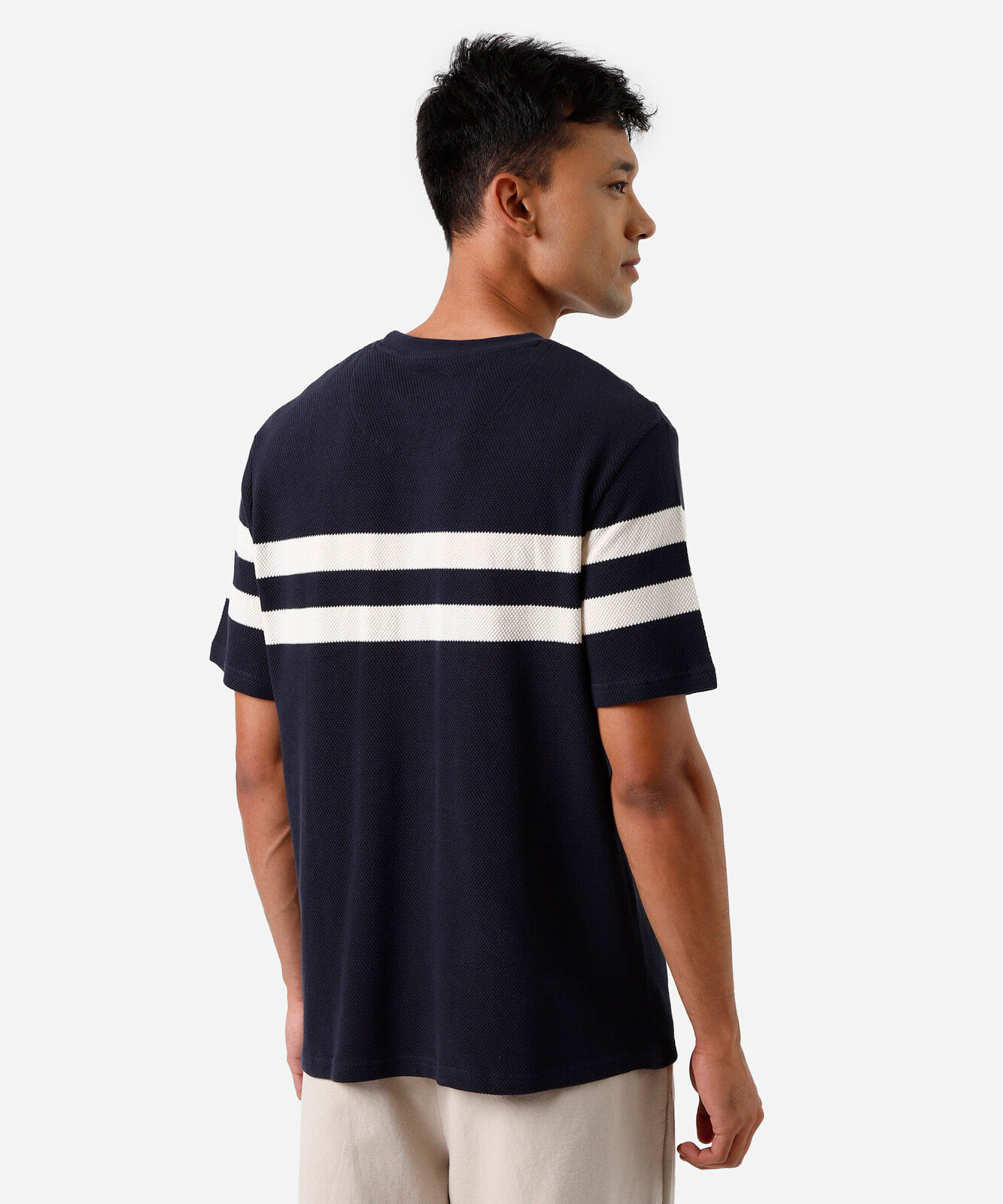 camiseta masculina de algodão manga curta listrada texturizada azul