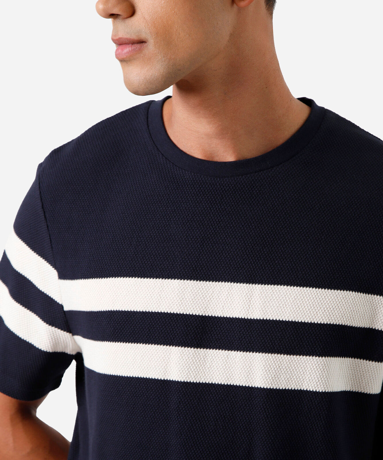 camiseta masculina de algodão manga curta listrada texturizada azul