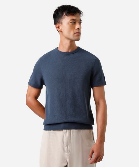 camiseta masculina de tricot manga curta azul