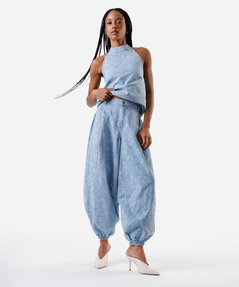 calça aladim feminina jeans cintura alta floral azul