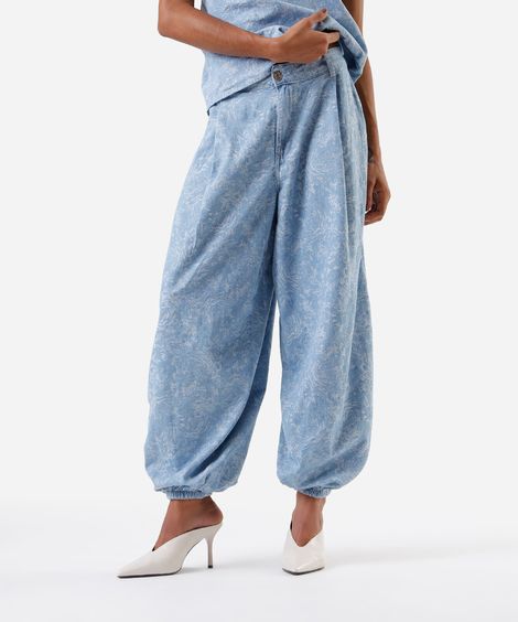 calça aladim feminina jeans cintura alta floral azul