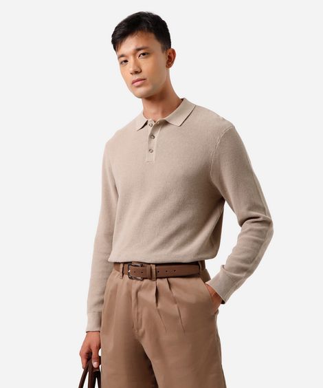 polo masculina de tricot manga longa texturizado bege