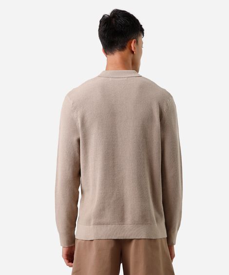 polo masculina de tricot manga longa texturizado bege