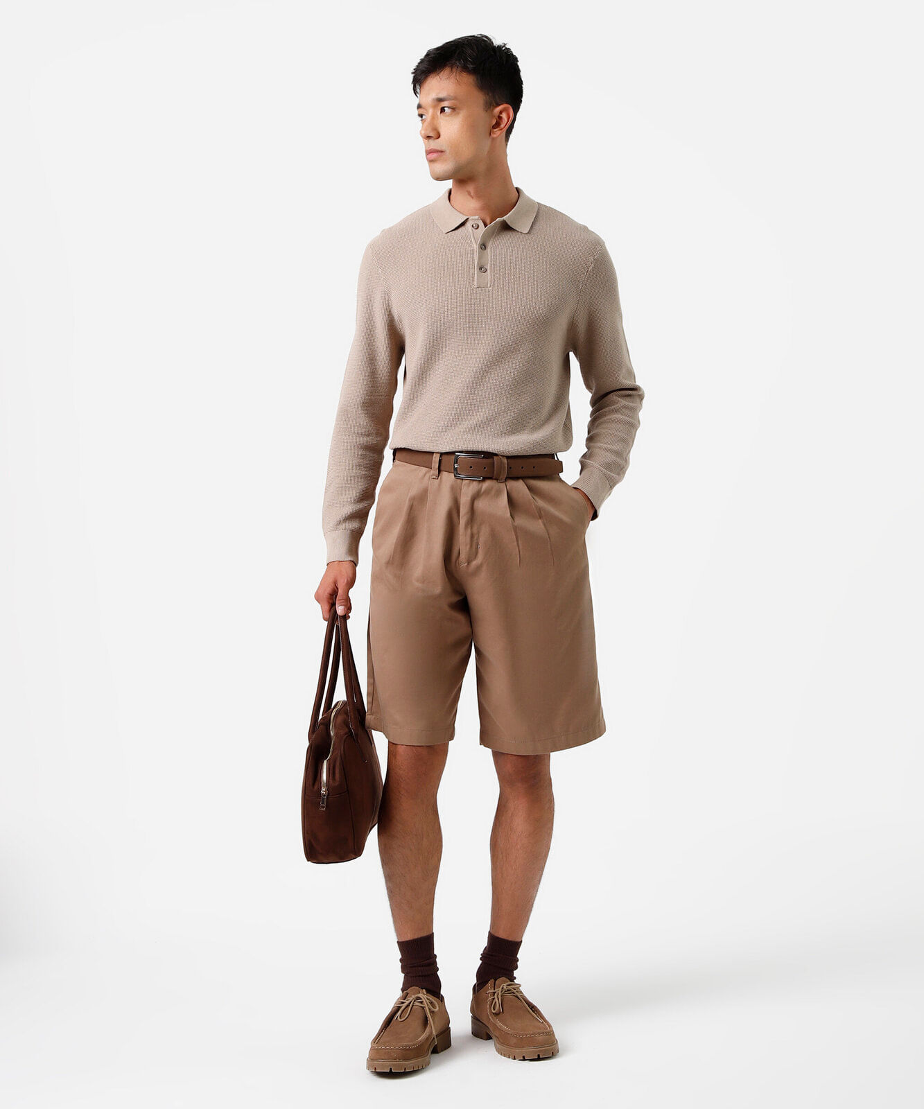 polo masculina de tricot manga longa texturizado bege