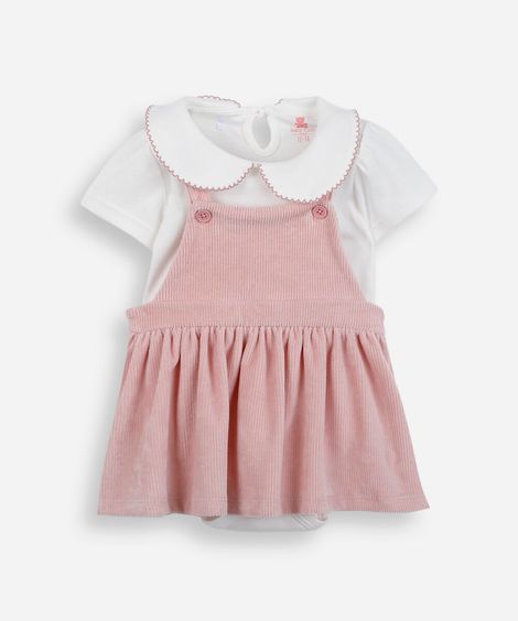 salopete infantil texturizada e body com gola peter pan rosa
