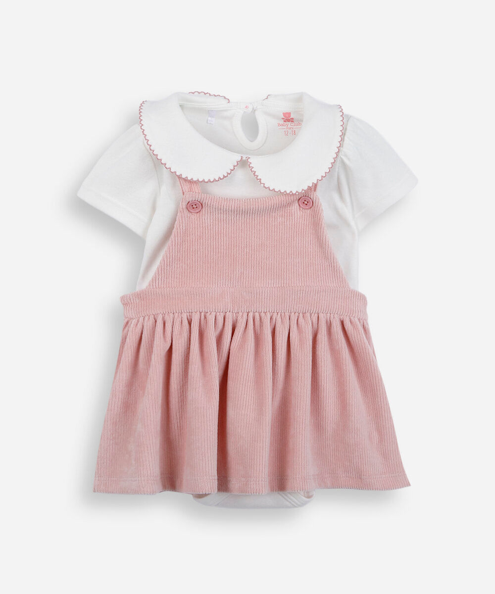 salopete infantil texturizada e body com gola peter pan rosa