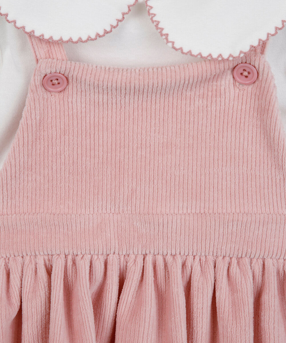 salopete infantil texturizada e body com gola peter pan rosa