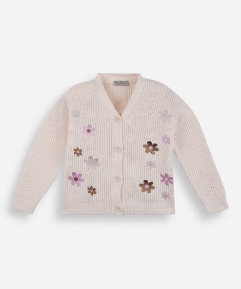 cardigan infantil de tricot chenille floral bege