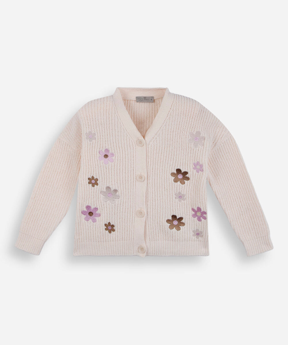cardigan infantil de tricot chenille floral bege