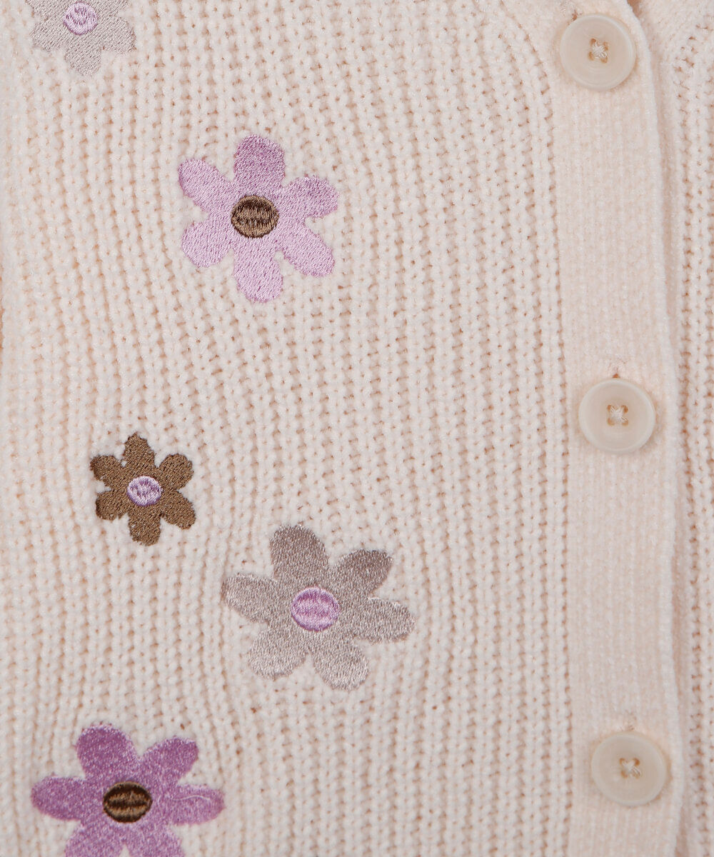 cardigan infantil de tricot chenille floral bege