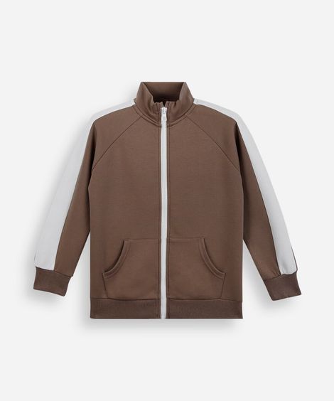 jaqueta infantil de moletom com zíper bicolor bege
