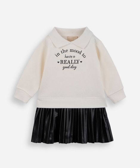 vestido infantil de moletom polo e saia plissada off white