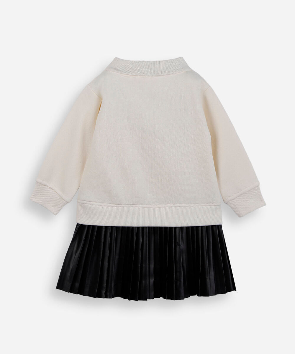 vestido infantil de moletom polo e saia plissada off white