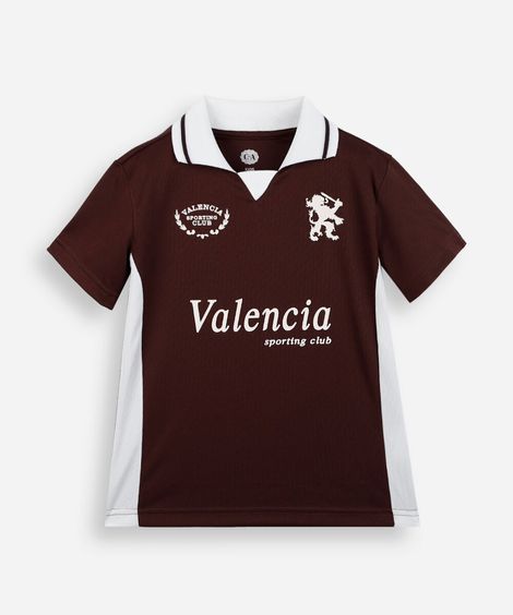 camiseta infantil com gola e recorte estampada marrom