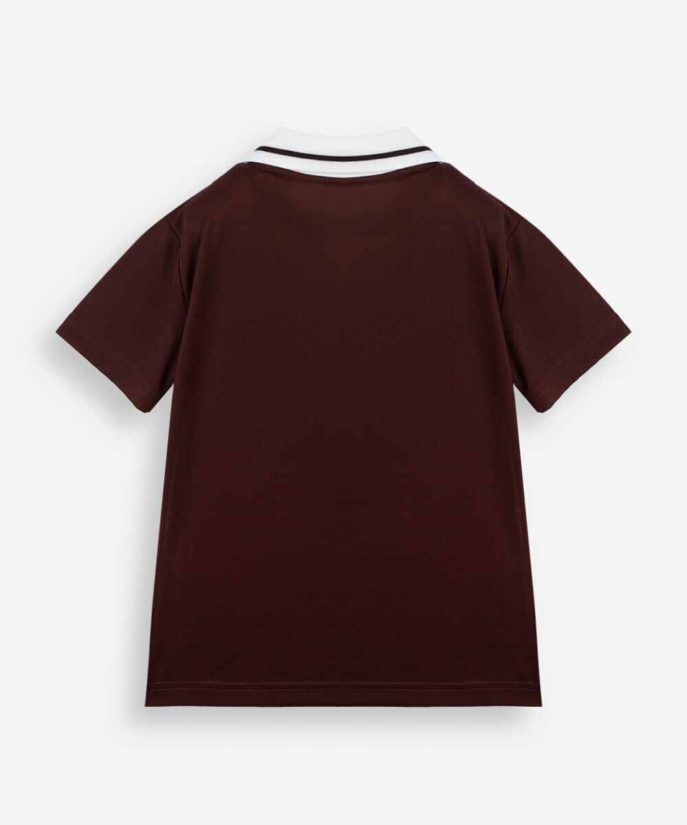 camiseta infantil com gola e recorte estampada marrom