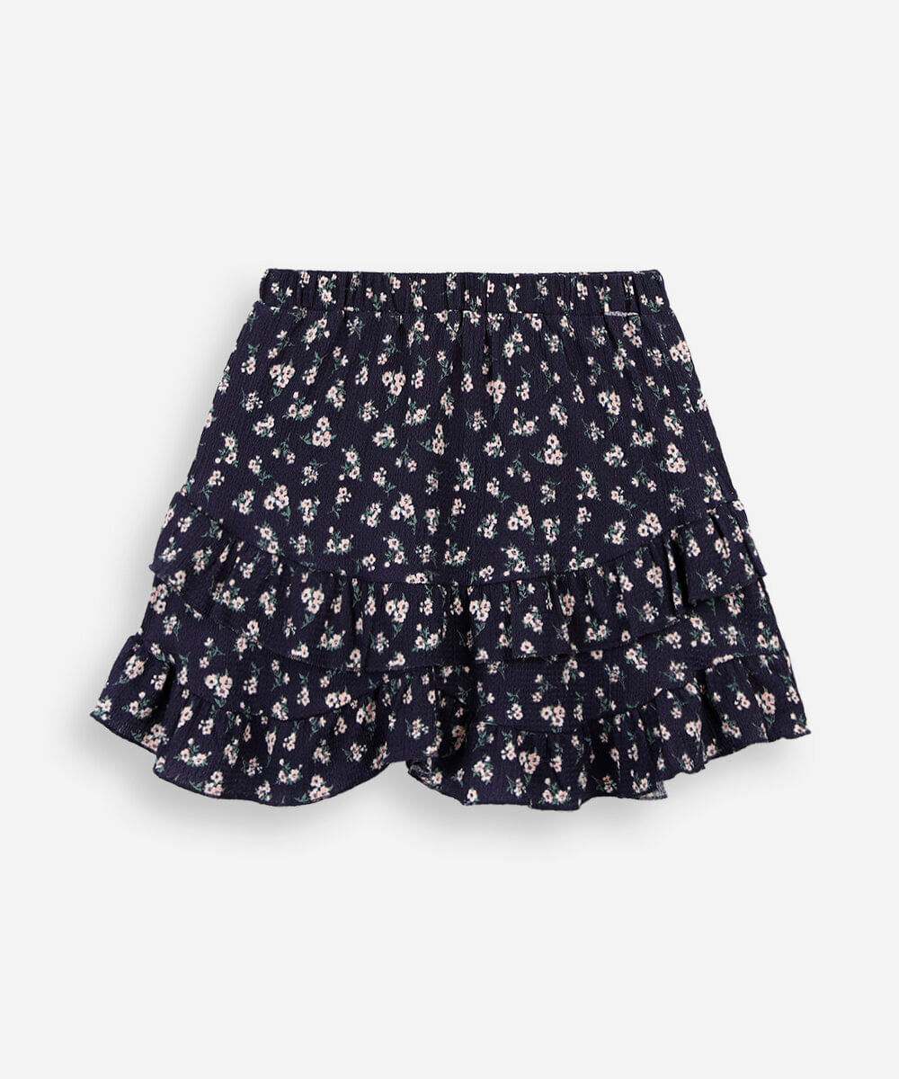 mini saia juvenil texturizada com babados floral azul