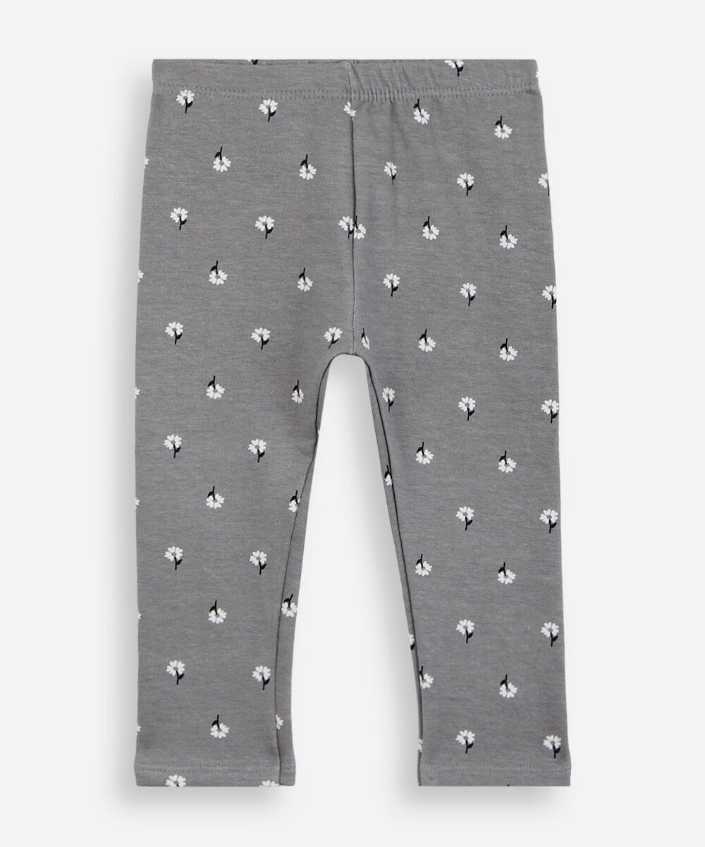 calça legging infantil de algodão felpado floral cinza