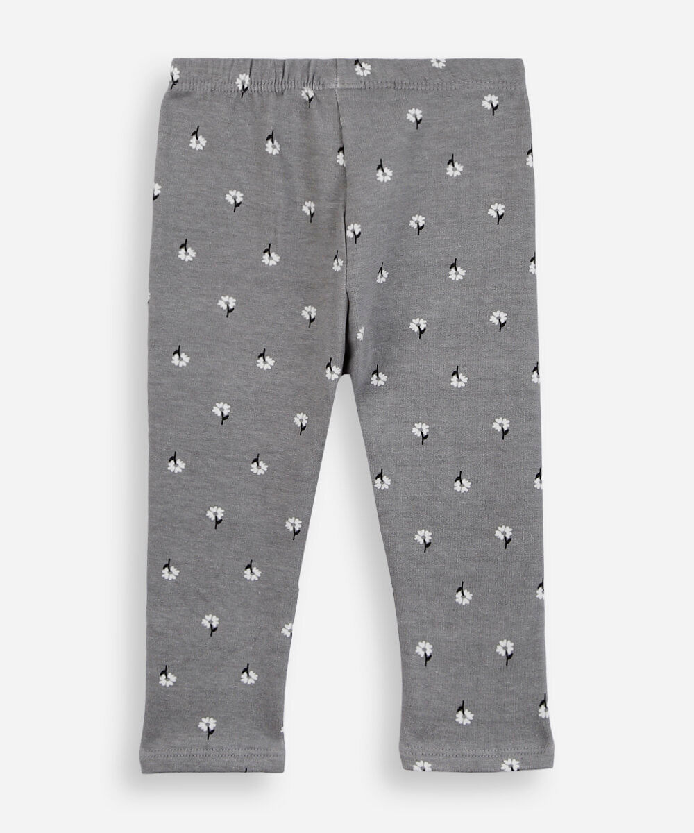 calça legging infantil de algodão felpado floral cinza