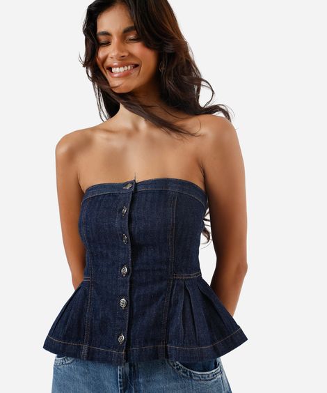 blusa peplum feminina jeans sem alça azul