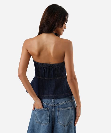 blusa peplum feminina jeans sem alça azul