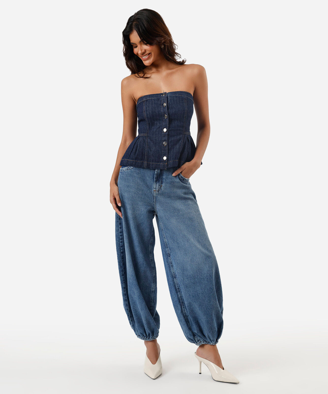 blusa peplum feminina jeans sem alça azul