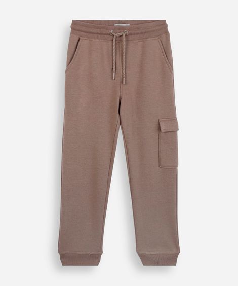 calça jogger infantil de moletom com bolso cargo bege