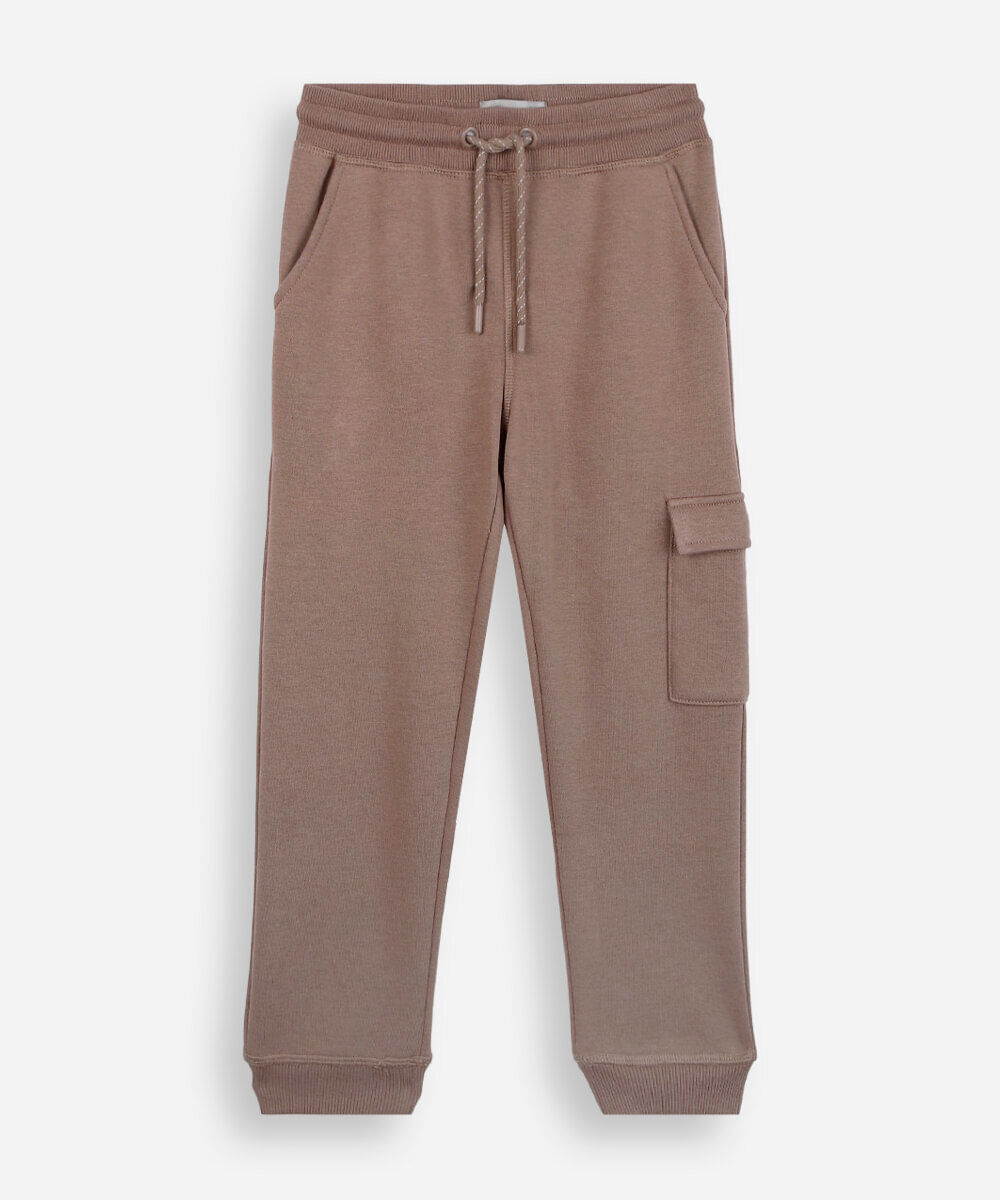 calça jogger infantil de moletom com bolso cargo bege
