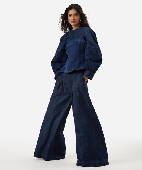 calça ultra wide leg feminina jeans com pregas azul