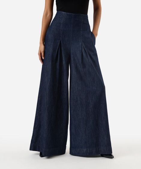 calça ultra wide leg feminina jeans com pregas azul