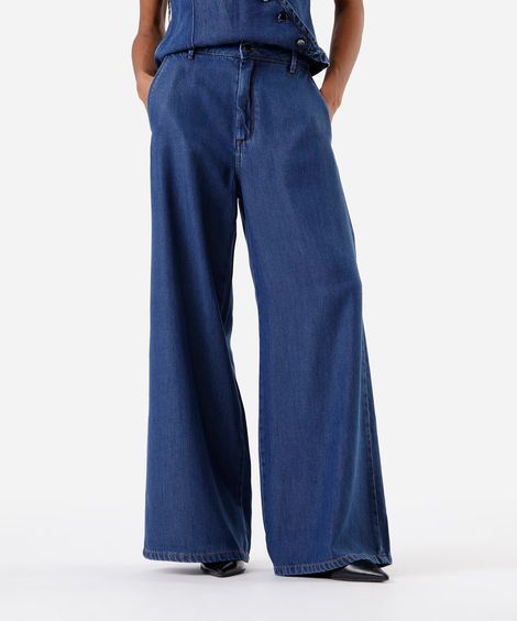 calça super wide leg feminina jeans cintura alta azul