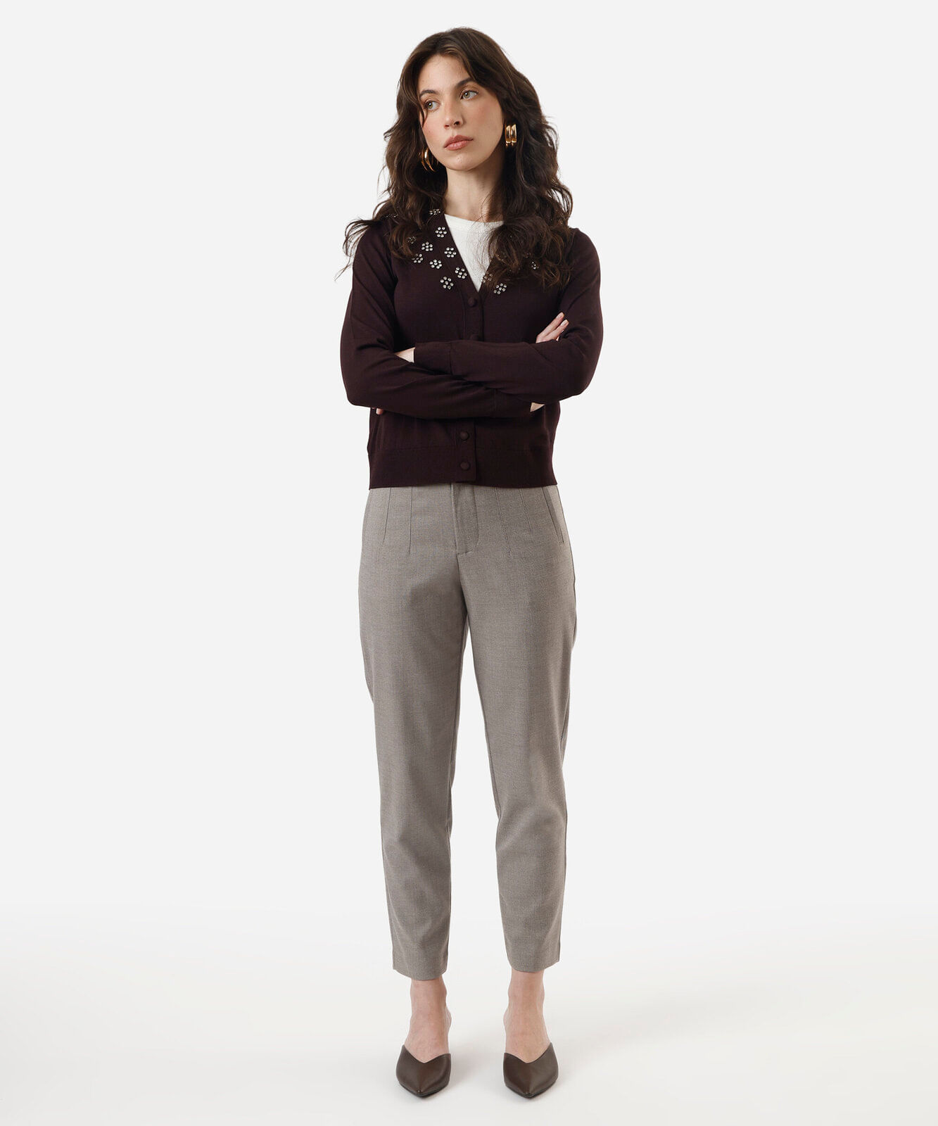 cardigan feminino de tricot com brilhos marrom