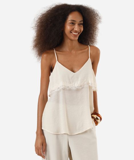 blusa alça fina feminina com viscose e renda texturizada off white