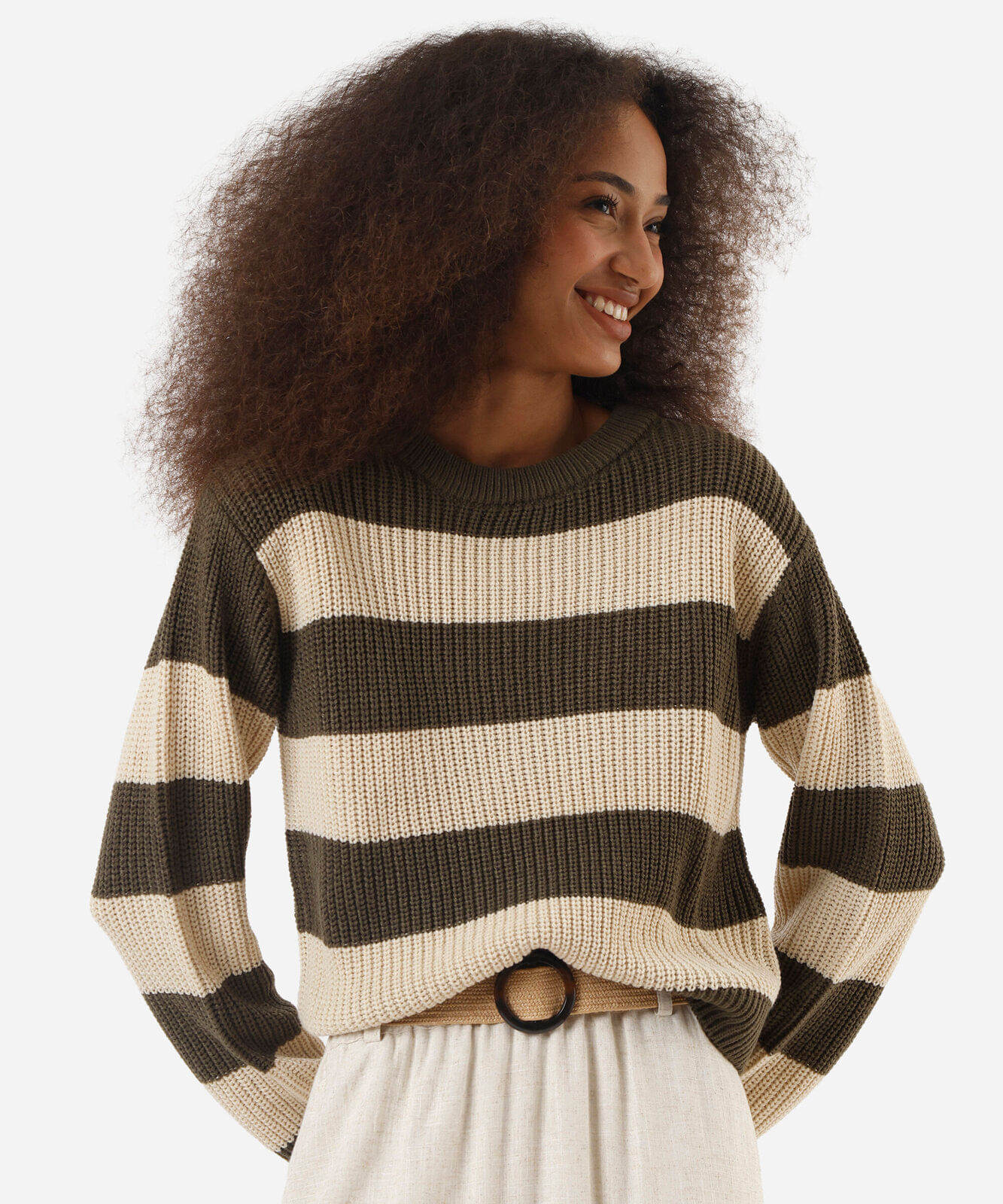 suéter feminino listrado gola redonda verde