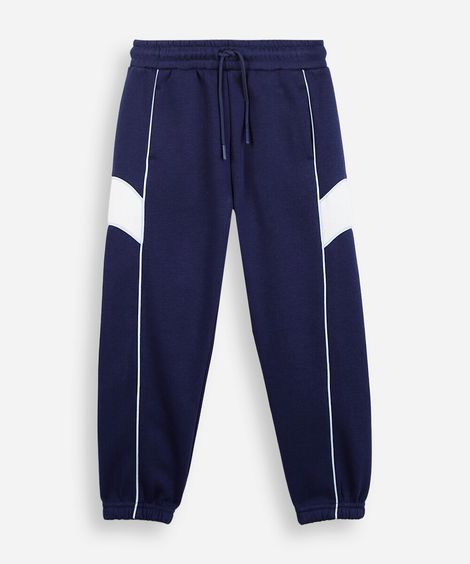 calça jogger infantil de moletom com recortes e nervuras azul- azul médio