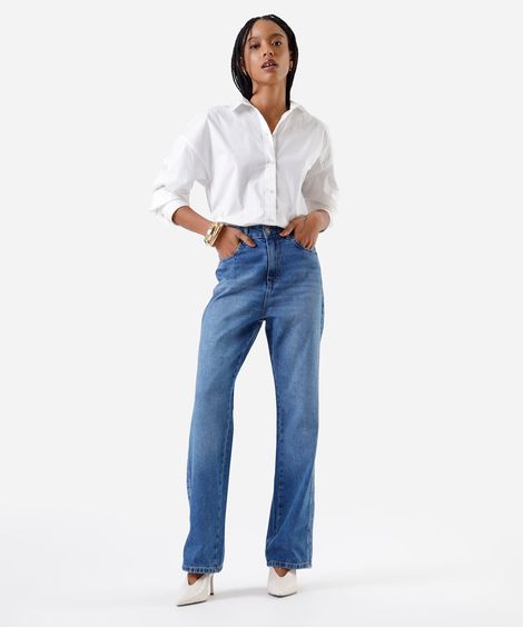 calça reta feminina jeans com faixa lateral sawary azul