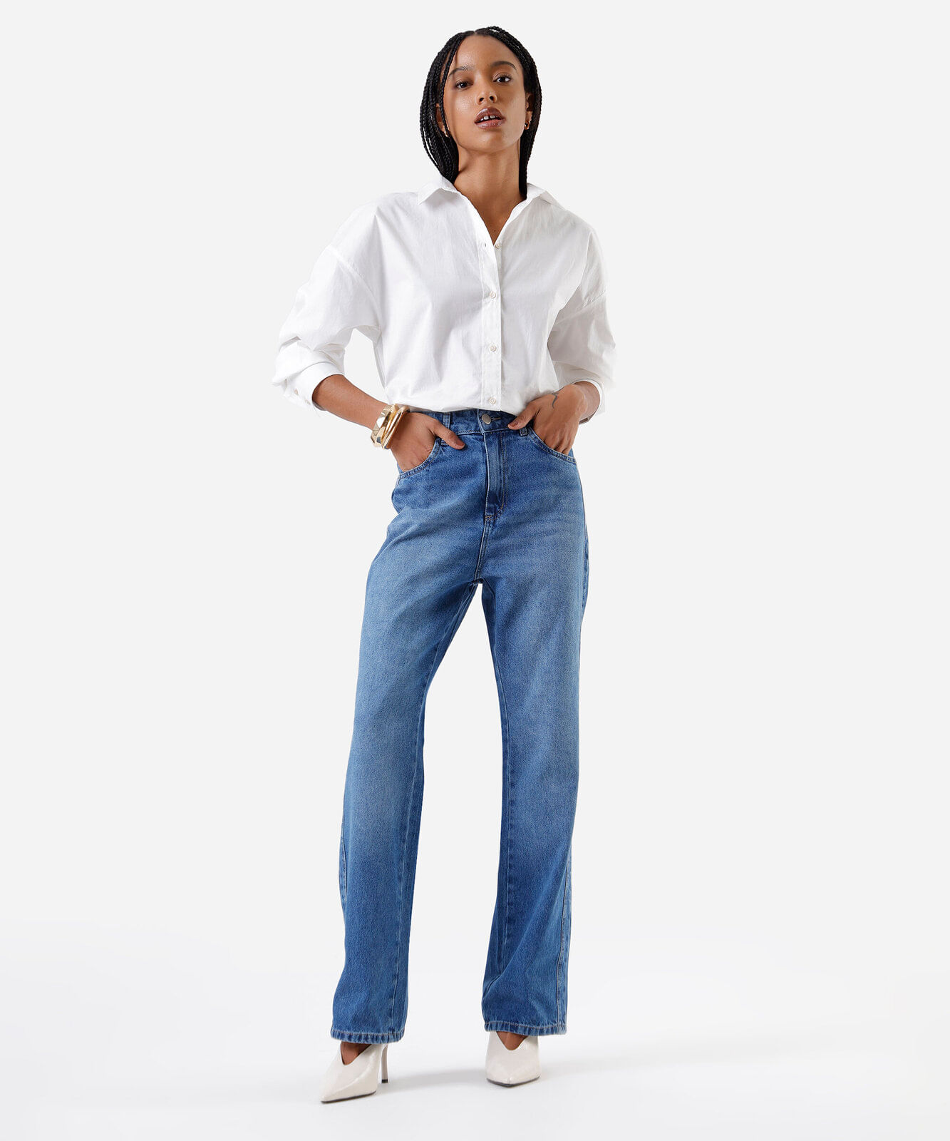 calça reta feminina jeans com faixa lateral sawary azul