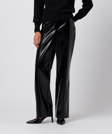 calça reta de feminina poliuretano texturizada mindset preta