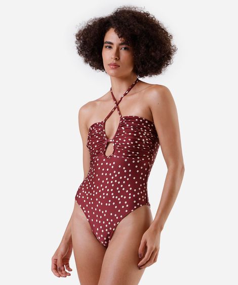 maiô halterneck feminino com recorte e franzido poá vinho