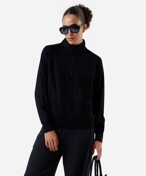 blusão feminino esportivo ace com zíper bolso canguru preto