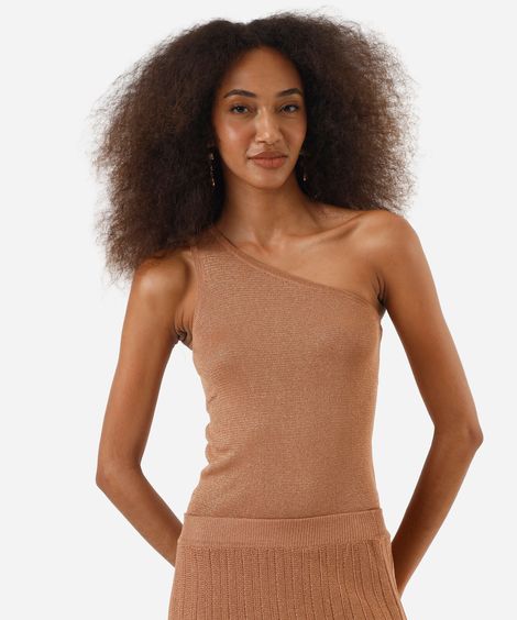 blusa ombro único feminina de tricot com lurex marrom