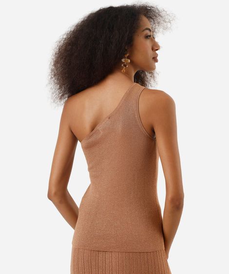 blusa ombro único feminina de tricot com lurex marrom