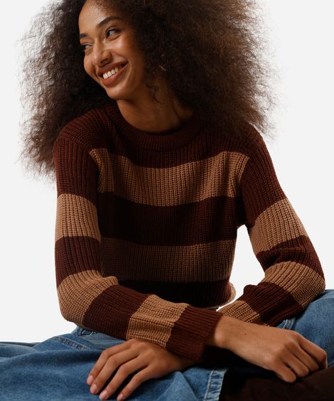 suéter feminino de tricot listrado marrom