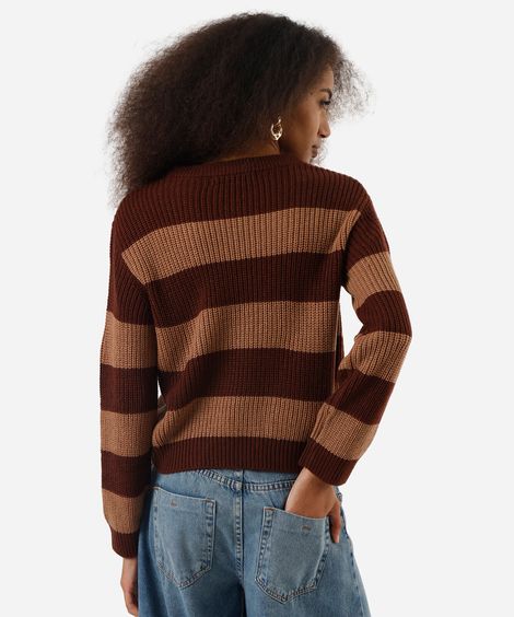 suéter feminino de tricot listrado marrom