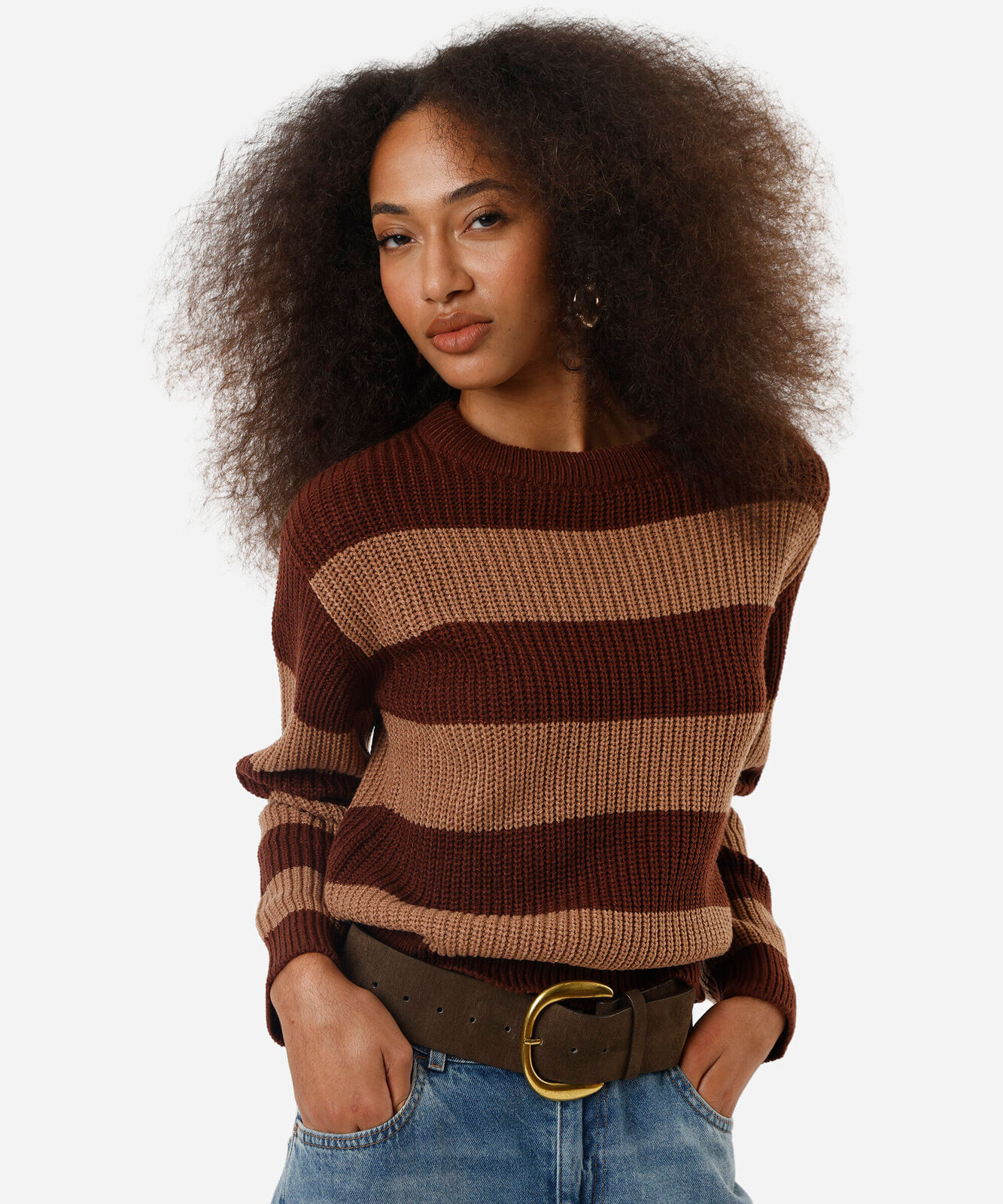 suéter feminino de tricot listrado marrom