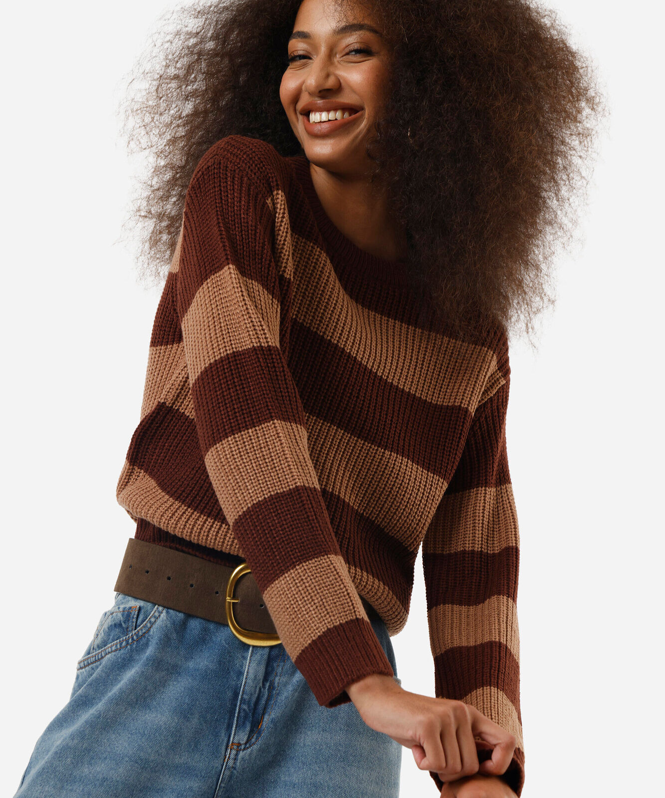 suéter feminino de tricot listrado marrom