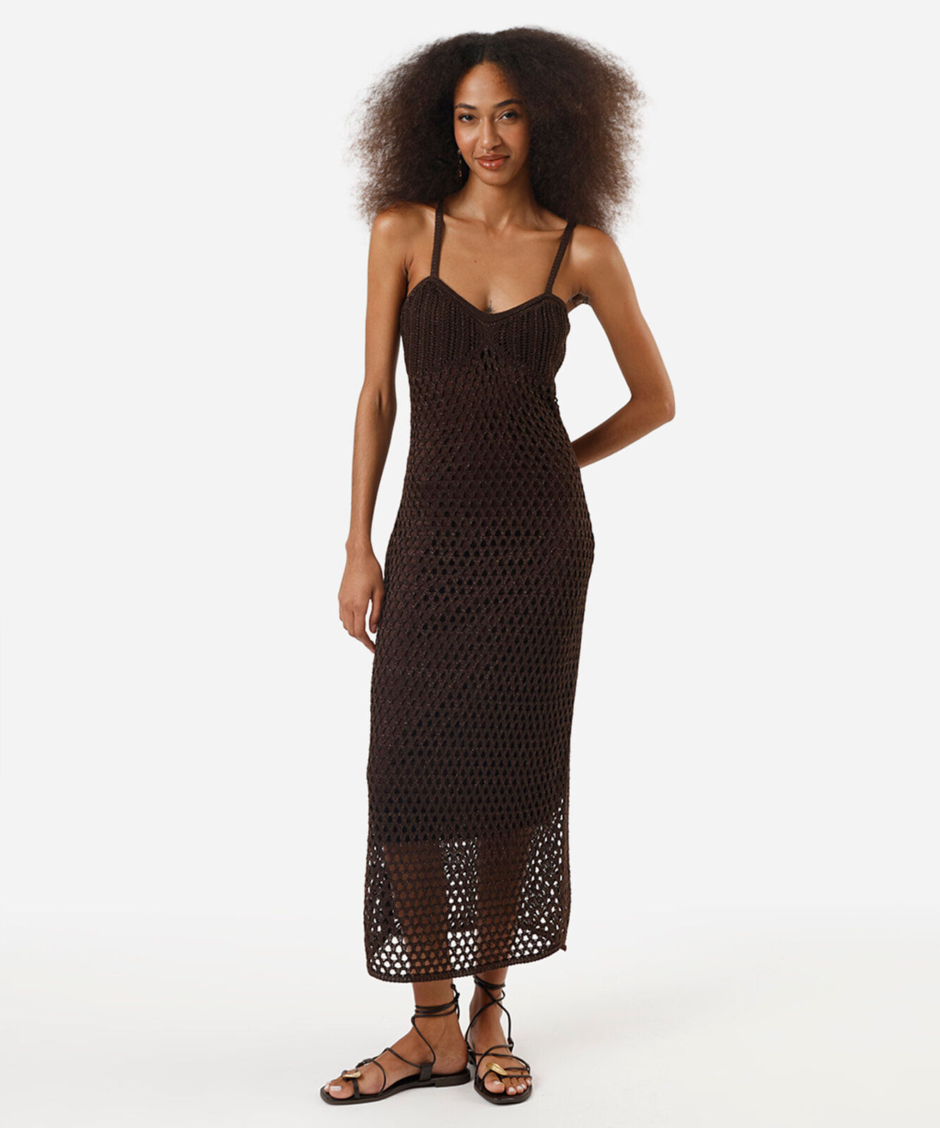 vestido midi feminino de tricot texturizado marrom