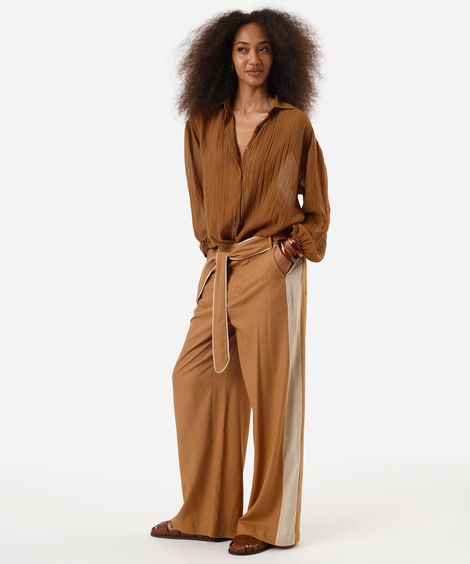 calça pantalona feminina com linho e faixa marrom