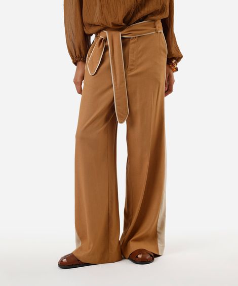 calça pantalona feminina com linho e faixa marrom